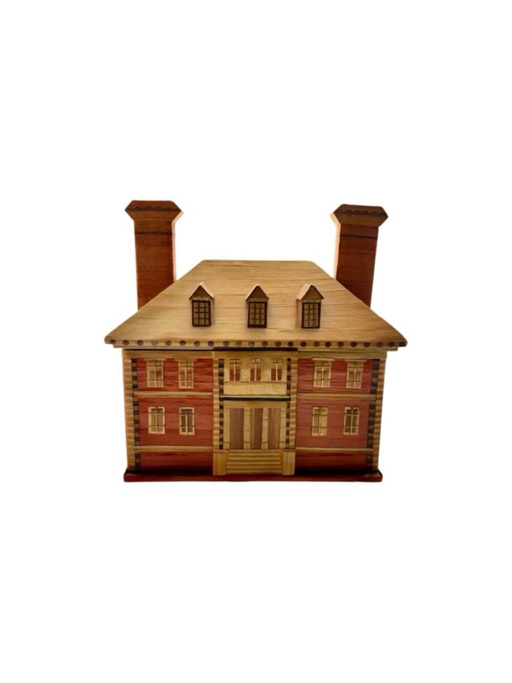 Box Colonial Mansion DesignHandcrafted Wood & Straw Inlay Vintage Folk Art Decor
